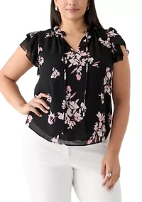 Plus Printed Ruffle Tie Neck Blouse
