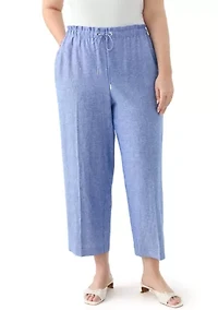 Plus Pull On Drawstring Wide Leg Linen Cropped Pants