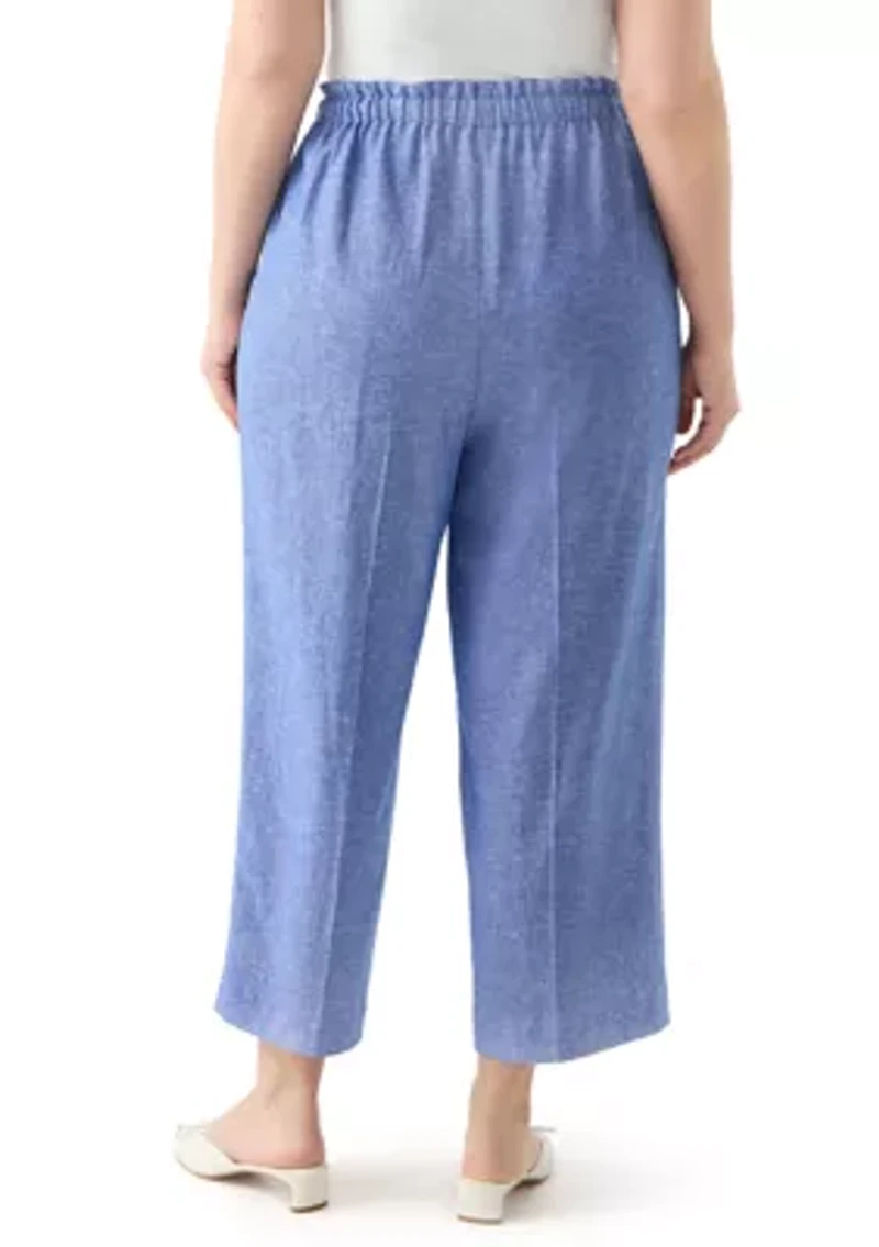 Plus Pull On Drawstring Wide Leg Linen Cropped Pants