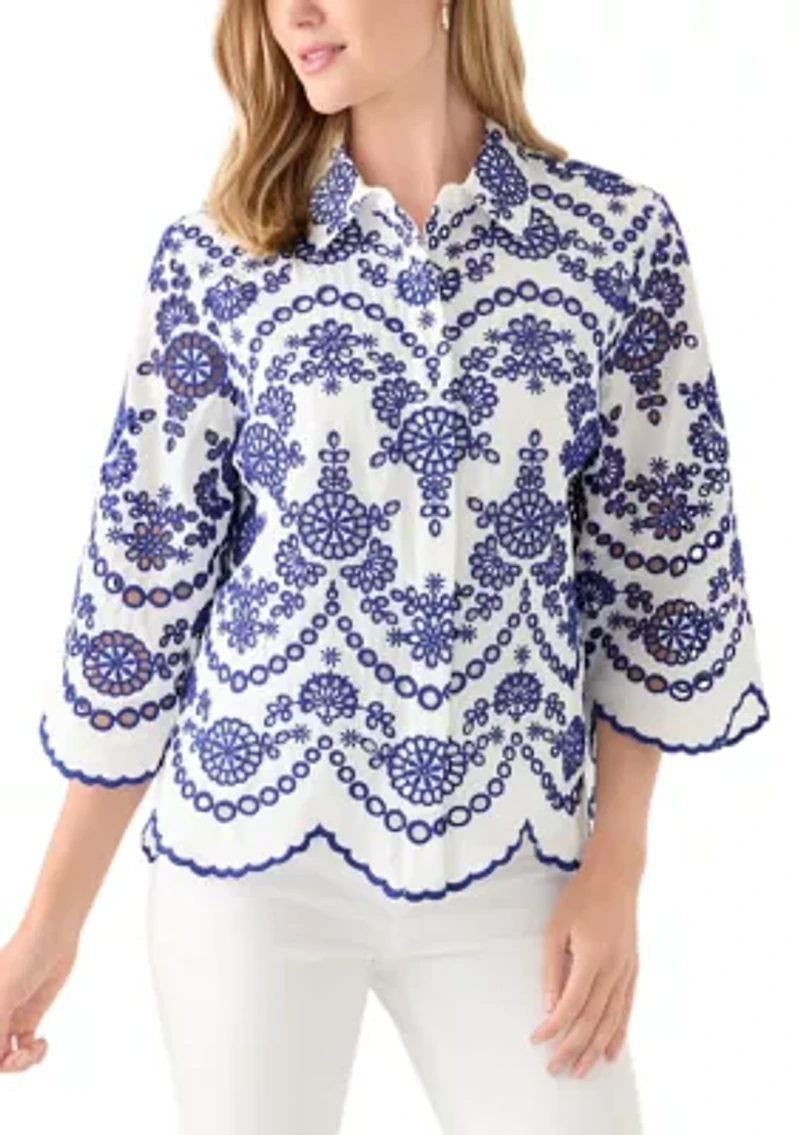Petite Eyelet Button Down Shirt