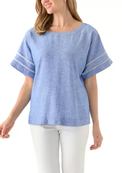 Petite Striped Dolman Sleeve Linen Blend Blouse