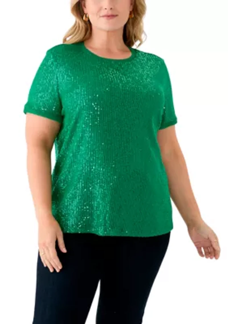 Plus Sequin Mesh Double V-Scoop T-Shirt