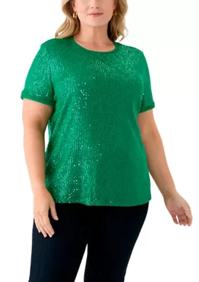 Plus Sequin Mesh Double V-Scoop T-Shirt