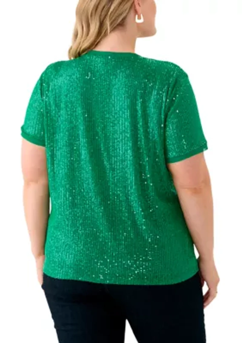 Plus Sequin Mesh Double V-Scoop T-Shirt