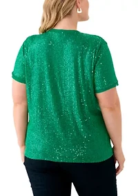 Plus Sequin Mesh Double V-Scoop T-Shirt