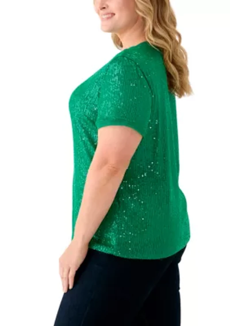 Plus Sequin Mesh Double V-Scoop T-Shirt