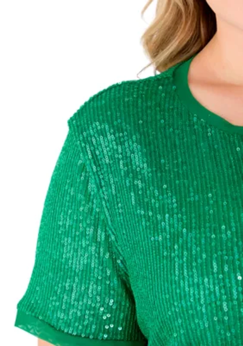 Plus Sequin Mesh Double V-Scoop T-Shirt