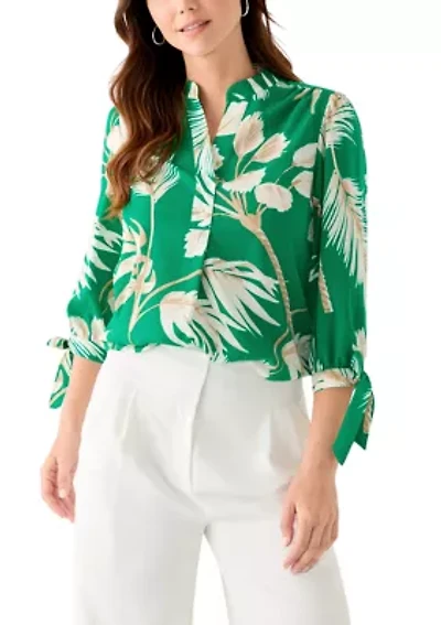Petite Leaf Printed Top with Tie Sleeves
