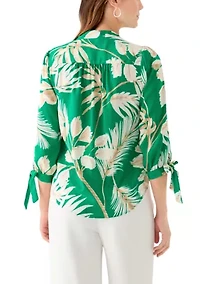 Petite Leaf Printed Top with Tie Sleeves