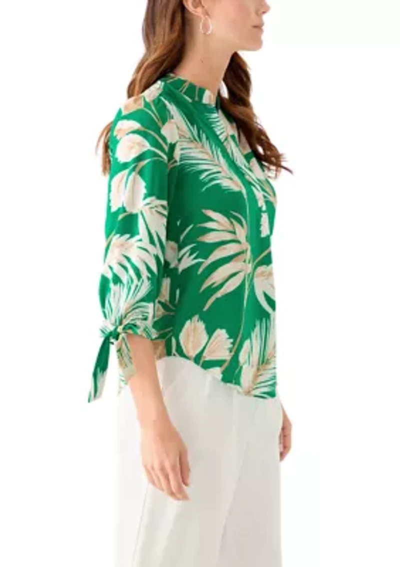 Petite Leaf Printed Top with Tie Sleeves