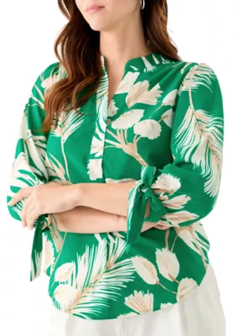 Petite Leaf Printed Top with Tie Sleeves