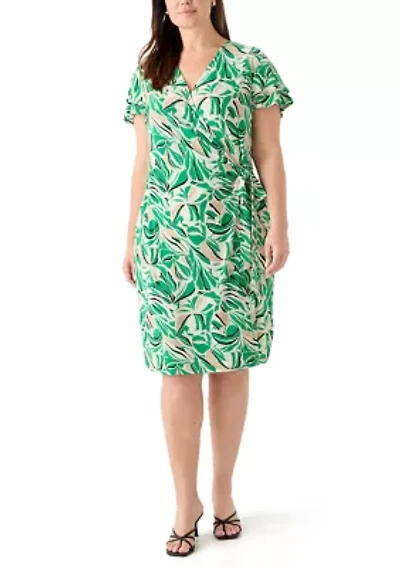 Plus Flutter Sleeve Classic Wrap Printed Dress