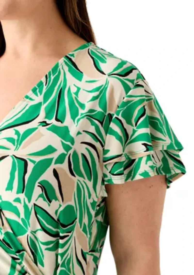 Plus Flutter Sleeve Classic Wrap Printed Dress
