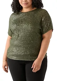 Plus Boat Neck Dolman Sleeve Sequin Mesh T-Shirt