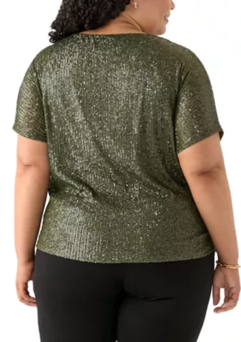 Plus Boat Neck Dolman Sleeve Sequin Mesh T-Shirt