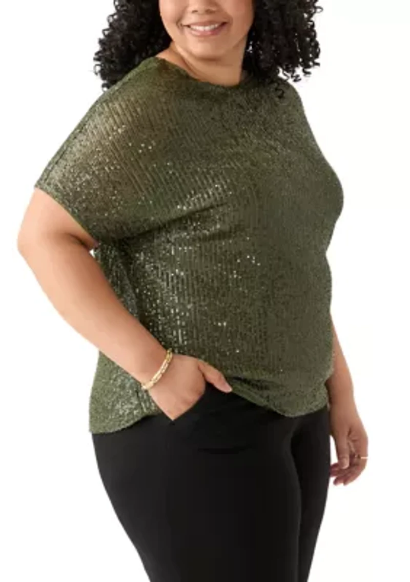 Plus Boat Neck Dolman Sleeve Sequin Mesh T-Shirt