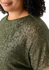 Plus Boat Neck Dolman Sleeve Sequin Mesh T-Shirt