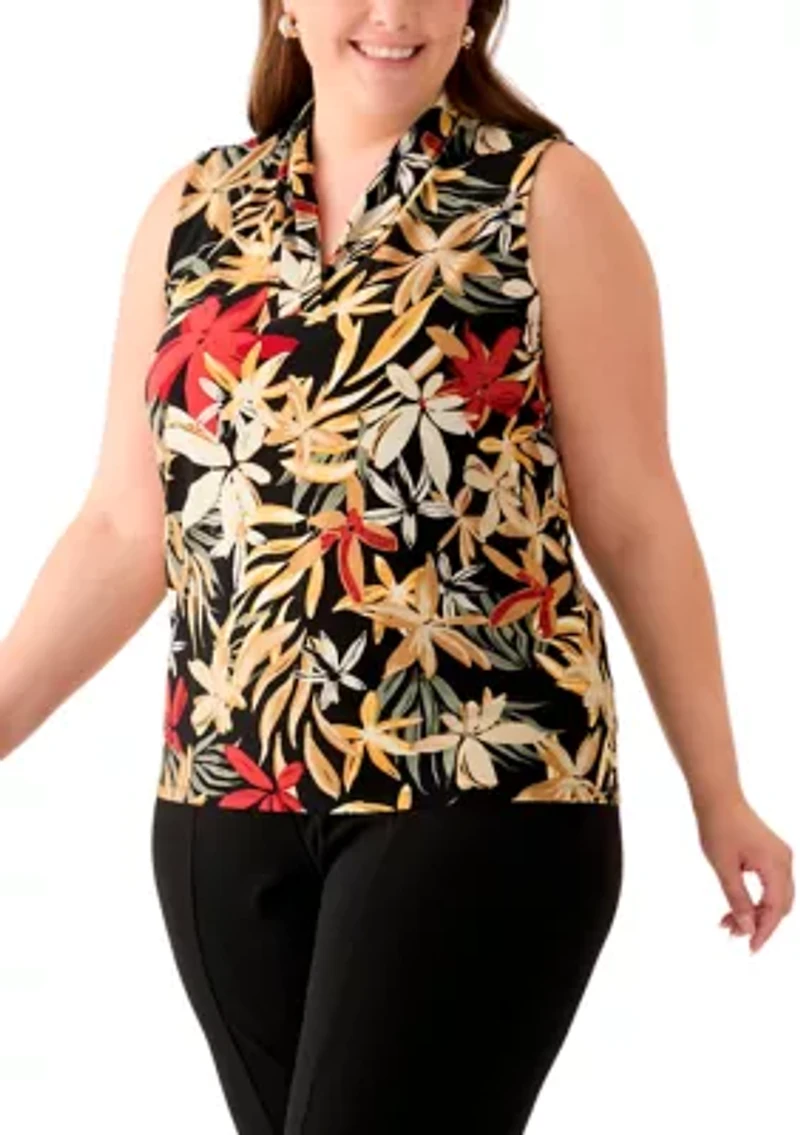 Plus Sleeveless Printed Triple Pleat Blouse