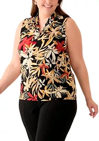 Plus Sleeveless Printed Triple Pleat Blouse