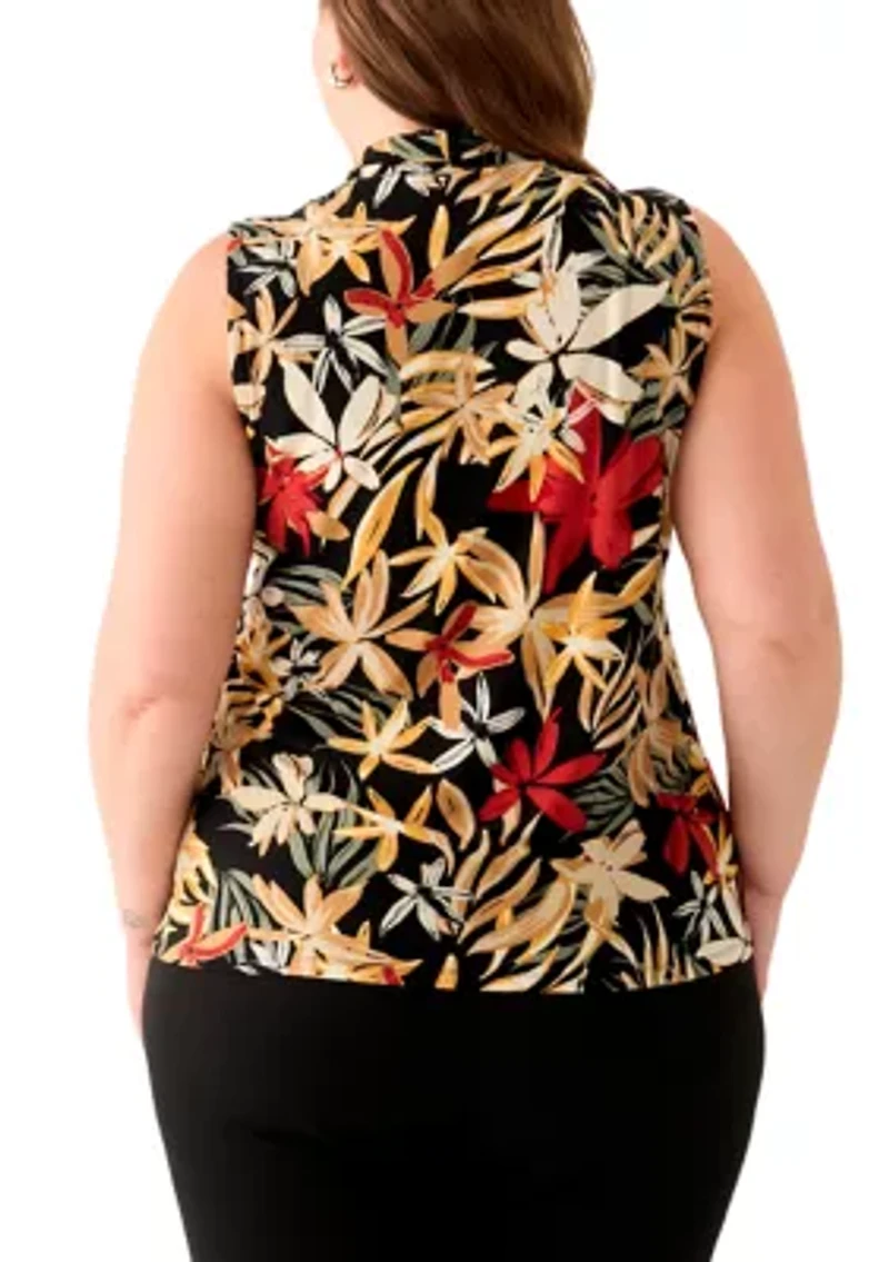 Plus Sleeveless Printed Triple Pleat Blouse