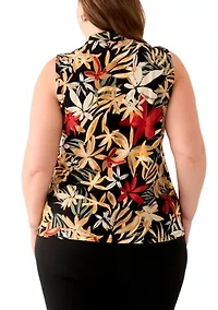 Plus Sleeveless Printed Triple Pleat Blouse