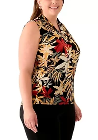 Plus Sleeveless Printed Triple Pleat Blouse