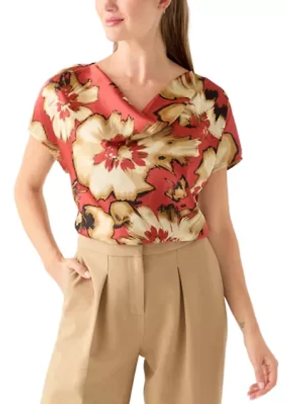 Petite Short Sleeve Cowl Neck Satin Blouse