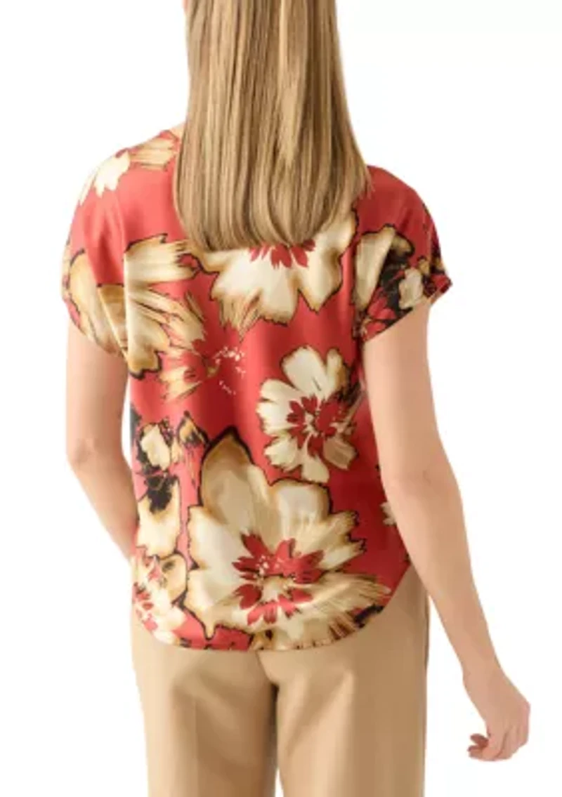 Petite Short Sleeve Cowl Neck Satin Blouse