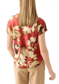 Petite Short Sleeve Cowl Neck Satin Blouse