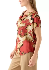 Petite Short Sleeve Cowl Neck Satin Blouse
