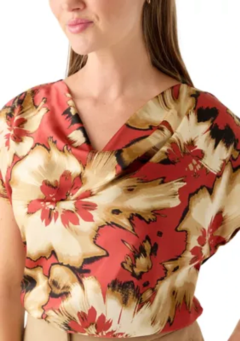 Petite Short Sleeve Cowl Neck Satin Blouse