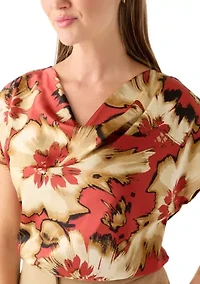Petite Short Sleeve Cowl Neck Satin Blouse