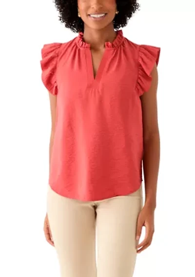 Petite Flutter Sleeve Split Neck Top