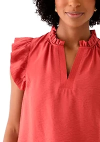 Petite Flutter Sleeve Split Neck Top