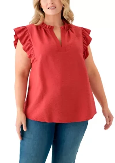 Plus Trapunto Stitched Ruffle Sleeve Blouse