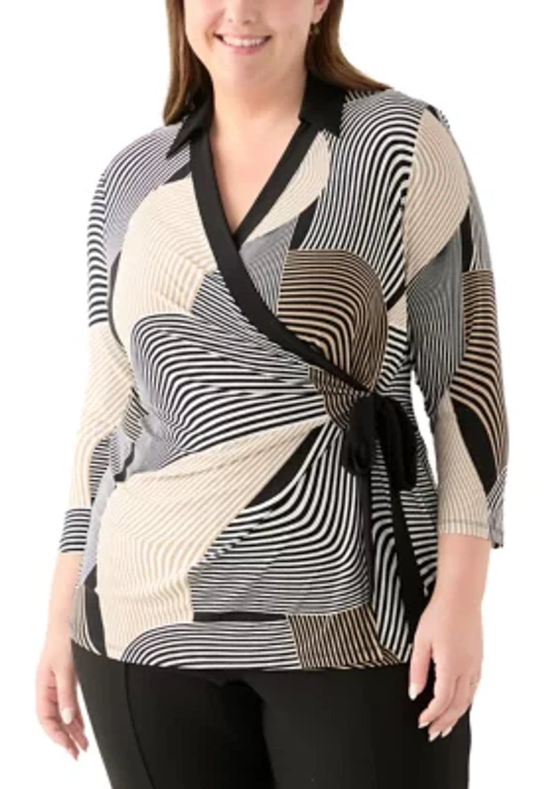 Plus Printed Knit Wrap Top