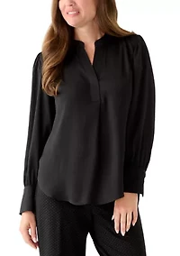 Petite Long Sleeve V-Neck Pleat Front Satin Blouse