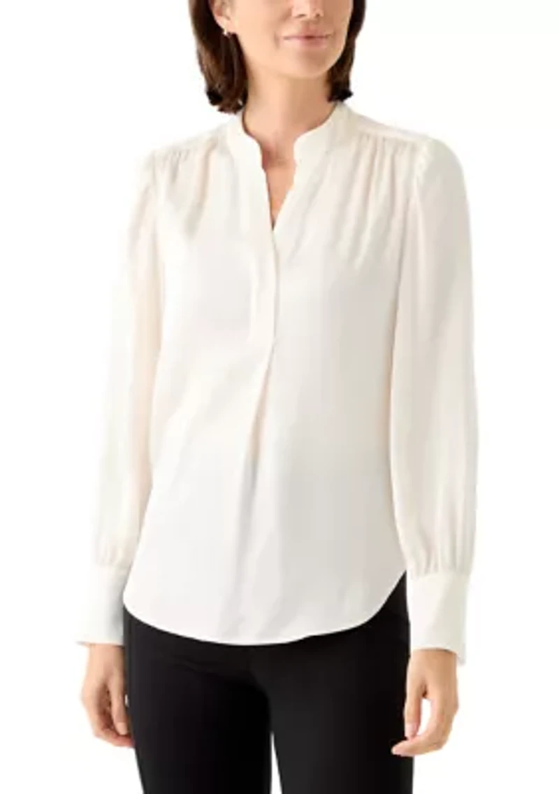 Petite Long Sleeve V-Neck Pleat Front Satin Blouse