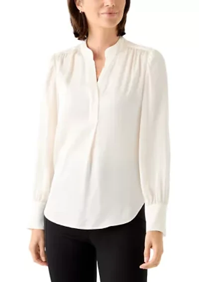 Petite Long Sleeve V-Neck Pleat Front Satin Blouse