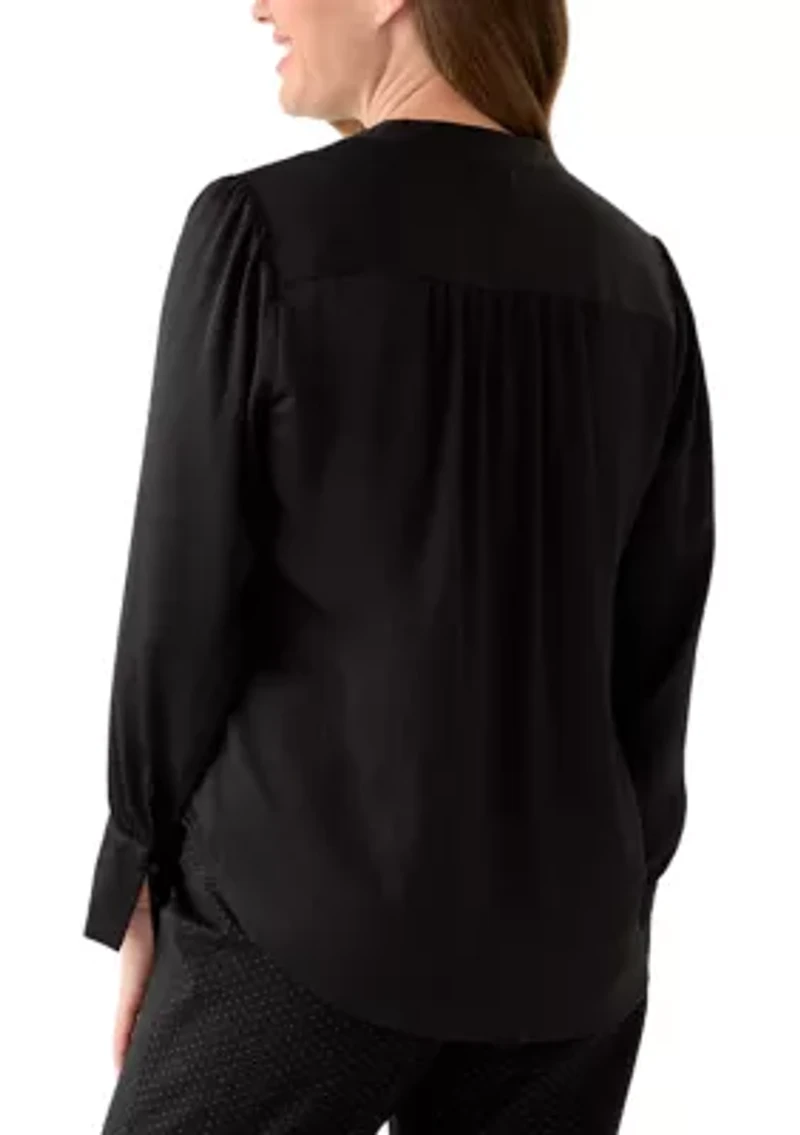 Petite Long Sleeve V-Neck Pleat Front Satin Blouse