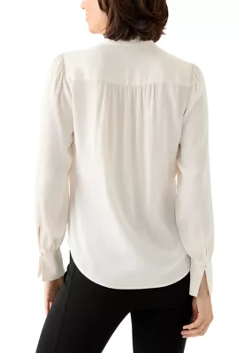 Petite Long Sleeve V-Neck Pleat Front Satin Blouse
