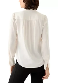 Petite Long Sleeve V-Neck Pleat Front Satin Blouse