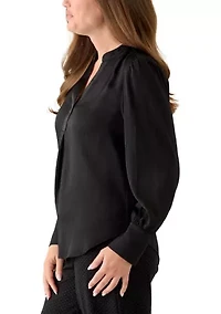 Petite Long Sleeve V-Neck Pleat Front Satin Blouse