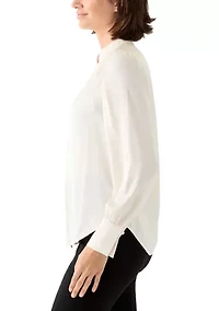 Petite Long Sleeve V-Neck Pleat Front Satin Blouse