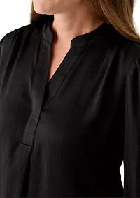 Petite Long Sleeve V-Neck Pleat Front Satin Blouse