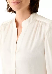 Petite Long Sleeve V-Neck Pleat Front Satin Blouse