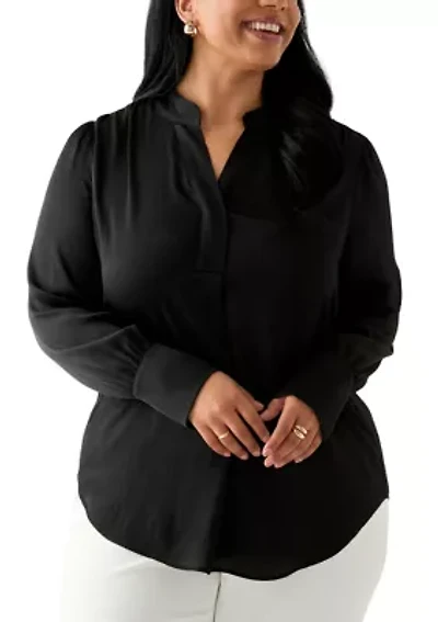 Plus Long Sleeve V-Neck Satin Pleated Blouse