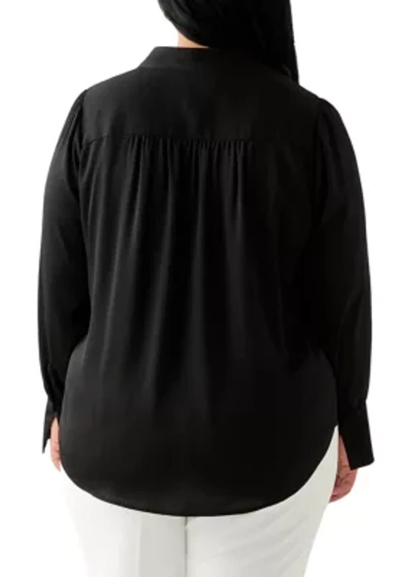 Plus Long Sleeve V-Neck Satin Pleated Blouse