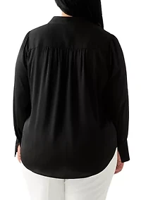 Plus Long Sleeve V-Neck Satin Pleated Blouse