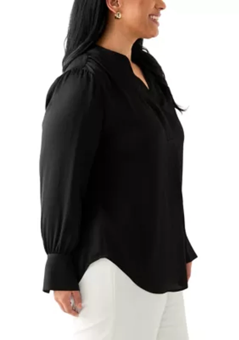Plus Long Sleeve V-Neck Satin Pleated Blouse